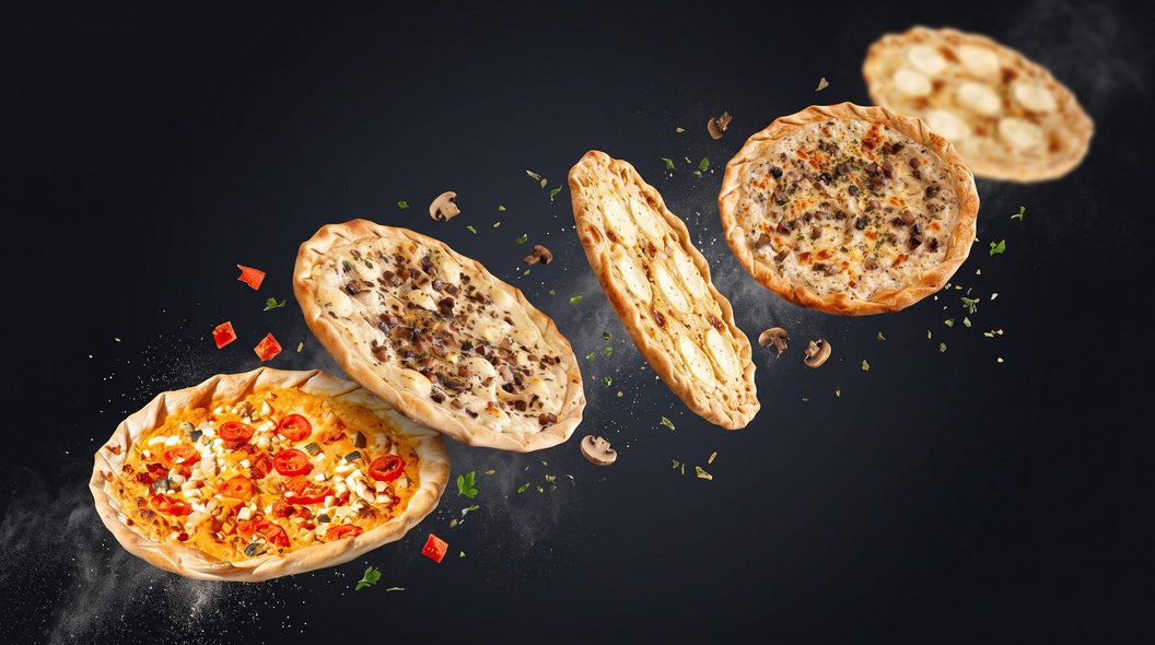 Quatre tartes fines Maître Pierre en suspension, garnitures et herbes éparses