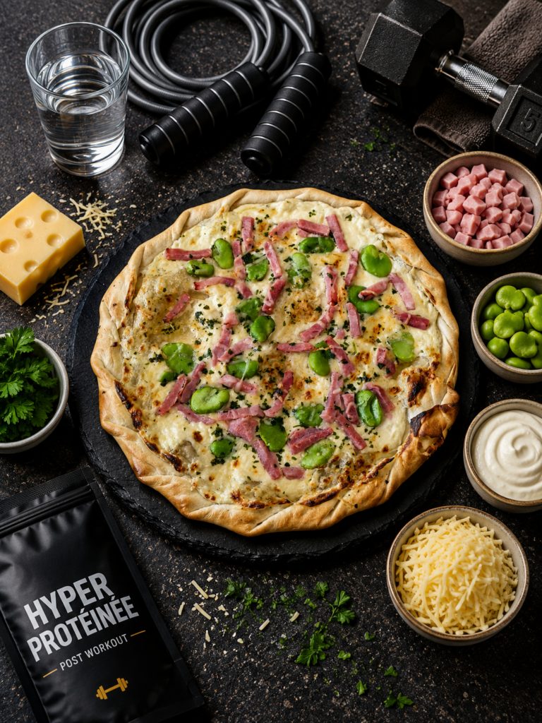 Tarte fine au jambon et aux fèves, fromage frais et emmental
