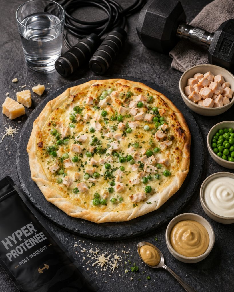 Tarte fine au poulet et petits pois, sur une base de fromage frais à la moutarde