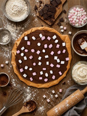Tarte fine au chocolat et aux chamallows dorés au four