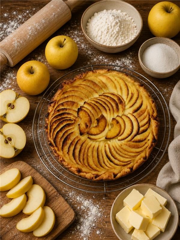 Tarte fine aux pommes, lamelles disposées en rosace et légèrement caramélisées