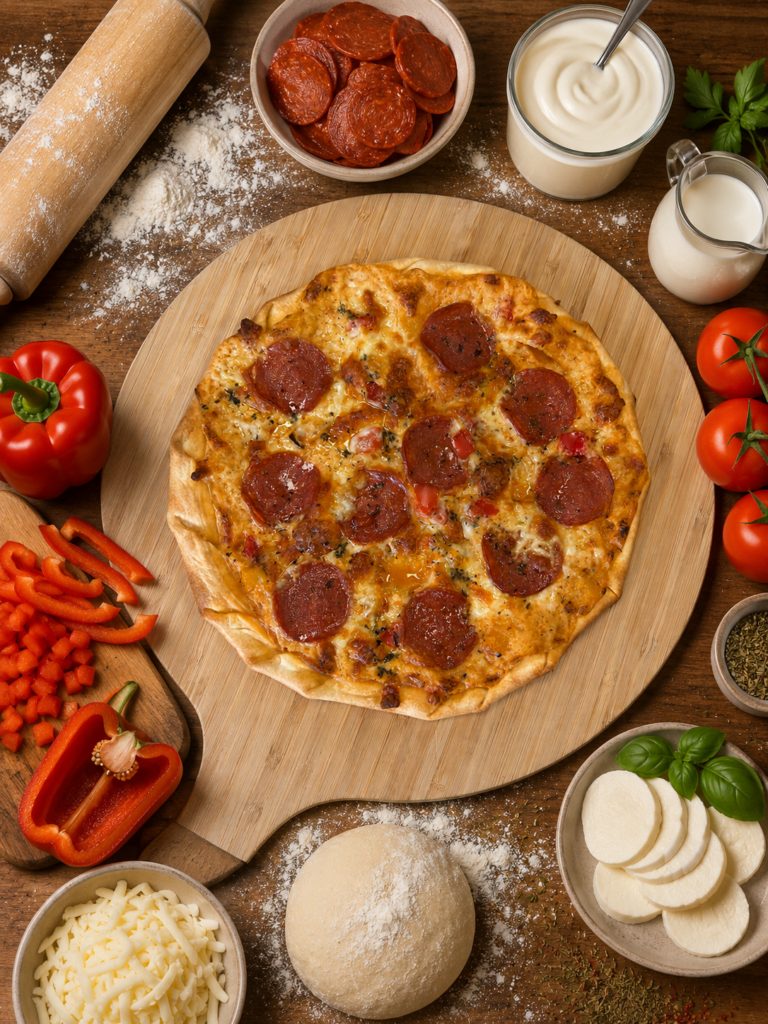 Tarte fine au pepperoni, mozzarella et poivrons rouges et jaunes
