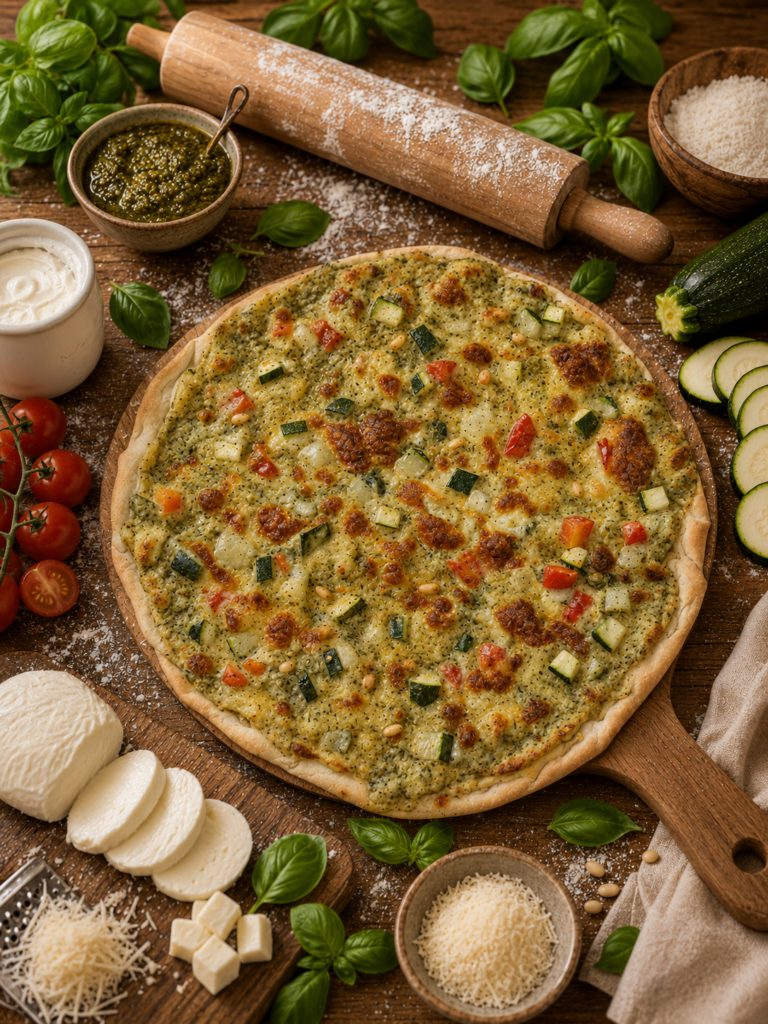 Tarte fine au pesto, poivrons, mozzarella et parmesan